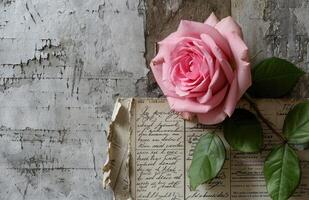 ai generato un' rosa rosa si siede nel un vecchio di legno lettera di mamma foto