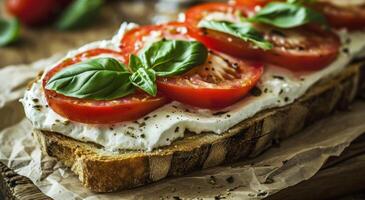 ai generato un' Sandwich con Mozzarella formaggio e pomodori su superiore foto