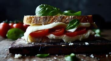 ai generato un' Sandwich con Mozzarella formaggio e pomodori su superiore foto