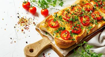 ai generato un' gratuito pane con pomodori, formaggio e erbe aromatiche su un' bianca sfondo foto