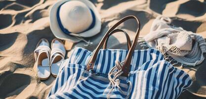 ai generato spiaggia Borsa con scarpe e Accessori su il spiaggia foto