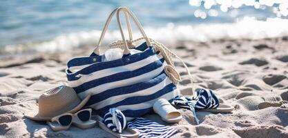 ai generato spiaggia Borsa con scarpe e Accessori su il spiaggia foto