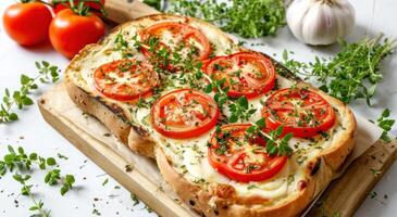 ai generato un' gratuito pane con pomodori, formaggio e erbe aromatiche su un' bianca sfondo foto