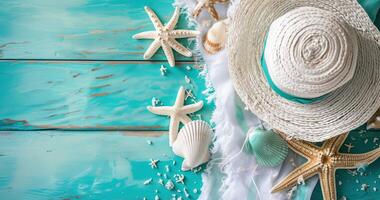 ai generato spiaggia stile, Accessori per primavera rompere, estate foto