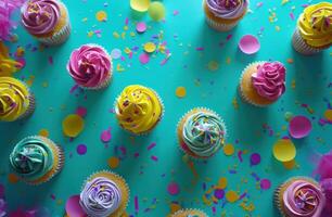 ai generato colorato cupcakes con coriandoli decorazioni circostante foto