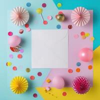 ai generato colorato compleanno sfondo con bianca carta circondato foto