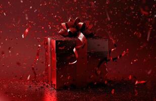 ai generato vacanza regalo scatola isolato su rosso sfondo con rosso coriandoli foto