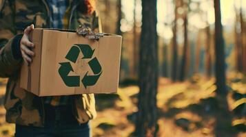 ai generato un' giovane ragazza Tenere un' scatola con un' plastica raccolta differenziata logo nel il parco foto