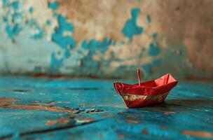 ai generato un' piccolo carta barca con rosso vela su di legno ponte foto