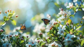 ai generato un' primavera vacanza sfondo ornato con fiori, farfalle foto