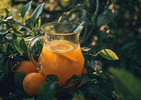 ai generato un' brocca di delizioso arancia limonata con ghiaccio cubi circondato foto