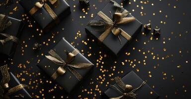 ai generato nero regalo scatole e oro coriandoli su nero sfondo foto