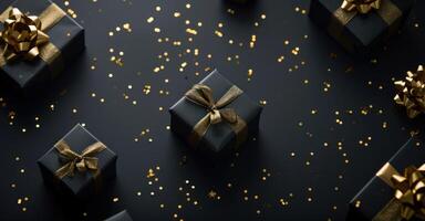 ai generato nero regalo scatole e oro coriandoli su nero sfondo foto