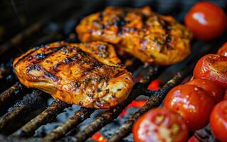 ai generato pollo su barbecue griglia con pomodori foto