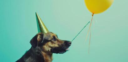 ai generato un' cane nel un' festa cappello è soffiaggio un' fischio foto