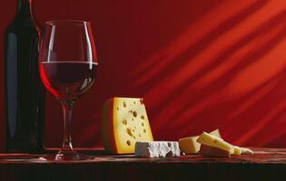 ai generato un' bicchiere di vino e formaggio con un' rosso sfondo foto