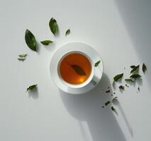 ai generato un' tazza di tè con verde le foglie gettato a partire dal il tazza foto