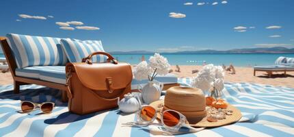 ai generato un' Borsa da spiaggia pieno di spiaggia asciugamani e altro Accessori, foto