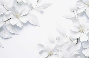ai generato bianca le foglie e fiori su un' bianca sfondo foto