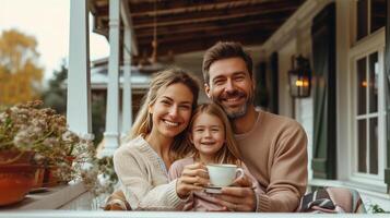 ai generato contento mamma, papà e figlia potabile tè su il veranda di un' classico americano Casa foto