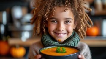 ai generato un' 12 anno vecchio ragazza mangia zucca puré la minestra foto