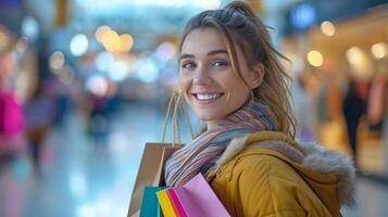 ai generato un' bellissimo sorridente donna passeggiate attraverso un' shopping centro con multicolore shopping borse nel sua mani foto