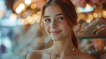 ai generato un' bellissimo ragazza sceglie un' collana per se stessa nel un' gioielleria memorizzare foto