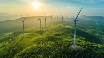 ai generato un' radicale Visualizza di un' vento azienda agricola con torreggiante turbine generando elettricità foto