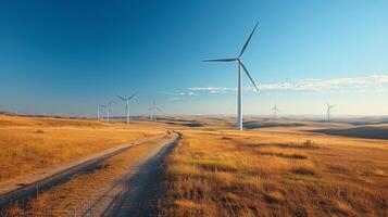 ai generato un' radicale Visualizza di un' vento azienda agricola con torreggiante turbine generando elettricità foto