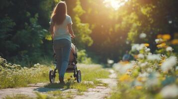 ai generato un' giovane donna passeggiate con un' passeggino con un' neonato bambino nel un' soleggiato estate parco foto