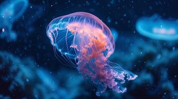 ai generato neon Medusa nuotate nel blu oceano acqua foto