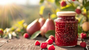 ai generato vaso con lampone marmellata sta su un' di legno tavolo Il prossimo per esso foto