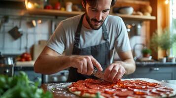 ai generato giovane bello uomo taglio peperoni salsiccia in fette per fabbricazione Pizza foto