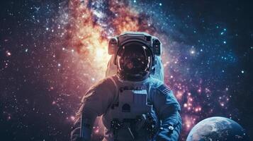 ai generato il astronauta è fotografato con il latteo modo nel il sfondo foto