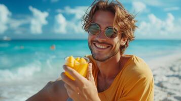 ai generato giovane bello uomo mangiare affettato Mango mentre seduta su il spiaggia foto