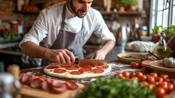 ai generato giovane bello uomo taglio peperoni salsiccia in fette per fabbricazione Pizza foto