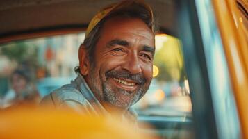 ai generato Taxi autista sorridente e guardare a il telecamera a partire dal il finestra di il suo auto foto