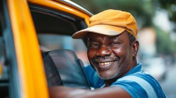 ai generato Taxi autista sorridente e guardare a il telecamera a partire dal il finestra di il suo auto foto