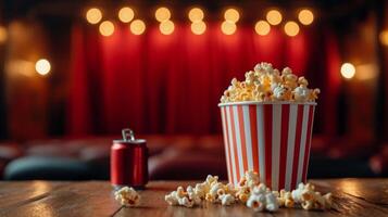 ai generato a strisce Popcorn secchio e rosso può foto