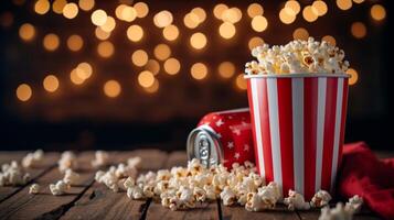 ai generato a strisce Popcorn secchio e rosso può foto