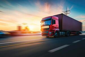 ai generato camion con contenitore su autostrada, carico mezzi di trasporto concetto. veloce consegna, sfocato movimento foto