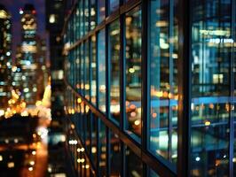ai generato attività commerciale edificio città notte Visualizza, moderno ufficio edificio illuminato a notte foto
