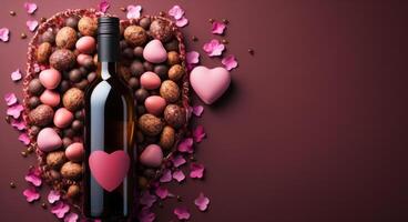 ai generato un' vino bottiglia su un' rosa sfondo con cuori e cioccolato su esso, foto