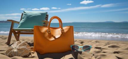 ai generato spiaggia Borsa pieno con asciugamani, spiaggia sedie, occhiali da sole e spiaggia attrezzatura, foto