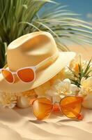 ai generato un' giallo sole cura articolo è Il prossimo per un' spiaggia cappello, occhiali da sole foto