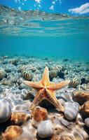 ai generato stella marina nel un' chiaro turchese mare quello è delimitato foto