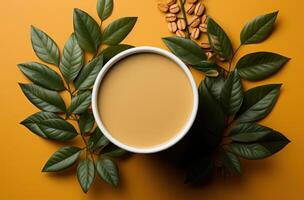 ai generato un' tazza di caffè con le foglie seduta su superiore, foto