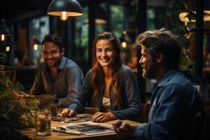 ai generato attività commerciale persone avendo un' incontro a un ufficio, foto