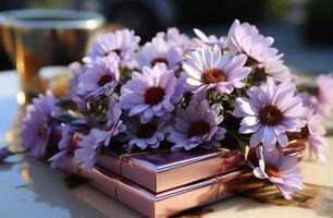 ai generato fiori e alcuni carte su un' marmo tavolo, foto