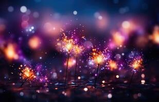 ai generato fuochi d'artificio e sparklers splendente nel il in ritardo sera cielo, foto
